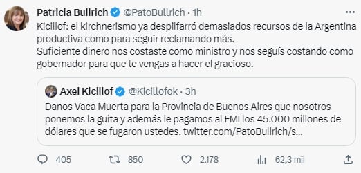 Tweets de Axel Kicillof y Patricia Bullrich Foto: captura X