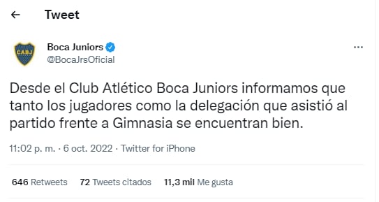 El informe de Boca Juniors a través de sus redes sociales. / Gentileza.