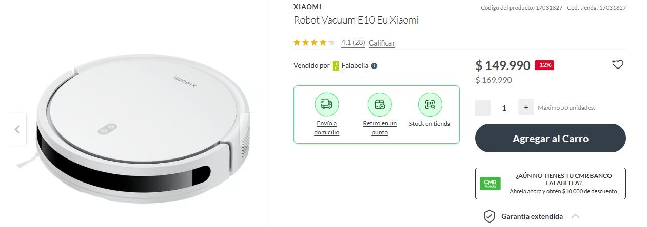 La tienda de Falabella ofrece una aspiradora robot Xiaomi a un precio promocional de $149.990 chilenos.