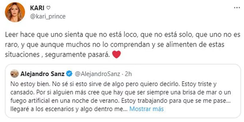 El mensaje de Karina tras el posteo de Alejandro Sanz. Foto: Twitter/@kari_prince