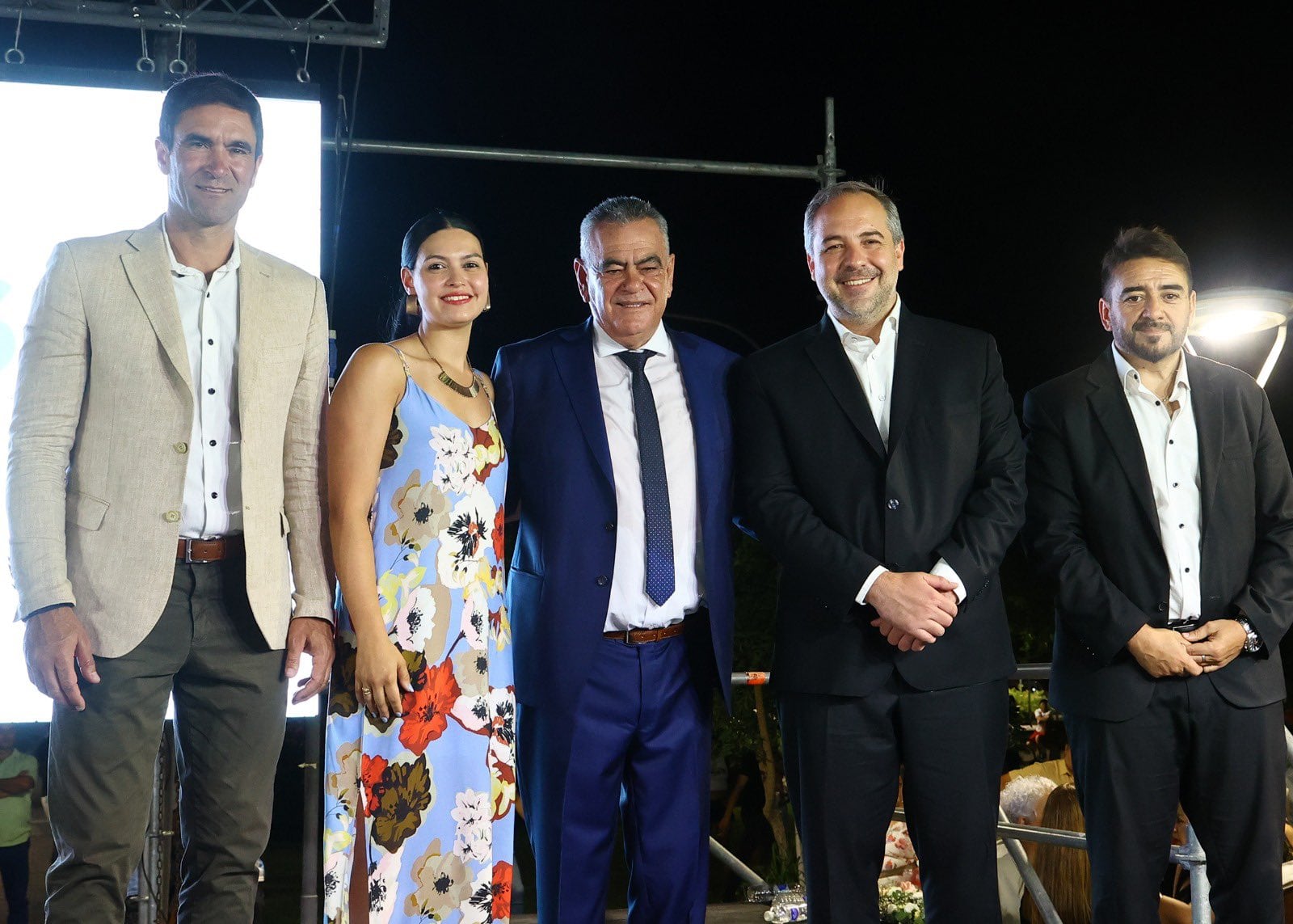 Los intendentes Emir Andraos (Tunuyán), Flor Destéfanis (Santa Rosa), Edgardo González (Lavalle), Matías Stevanato (Maipú) y Fernando Ubieta (La Paz). Foto: @MatiasStevanato