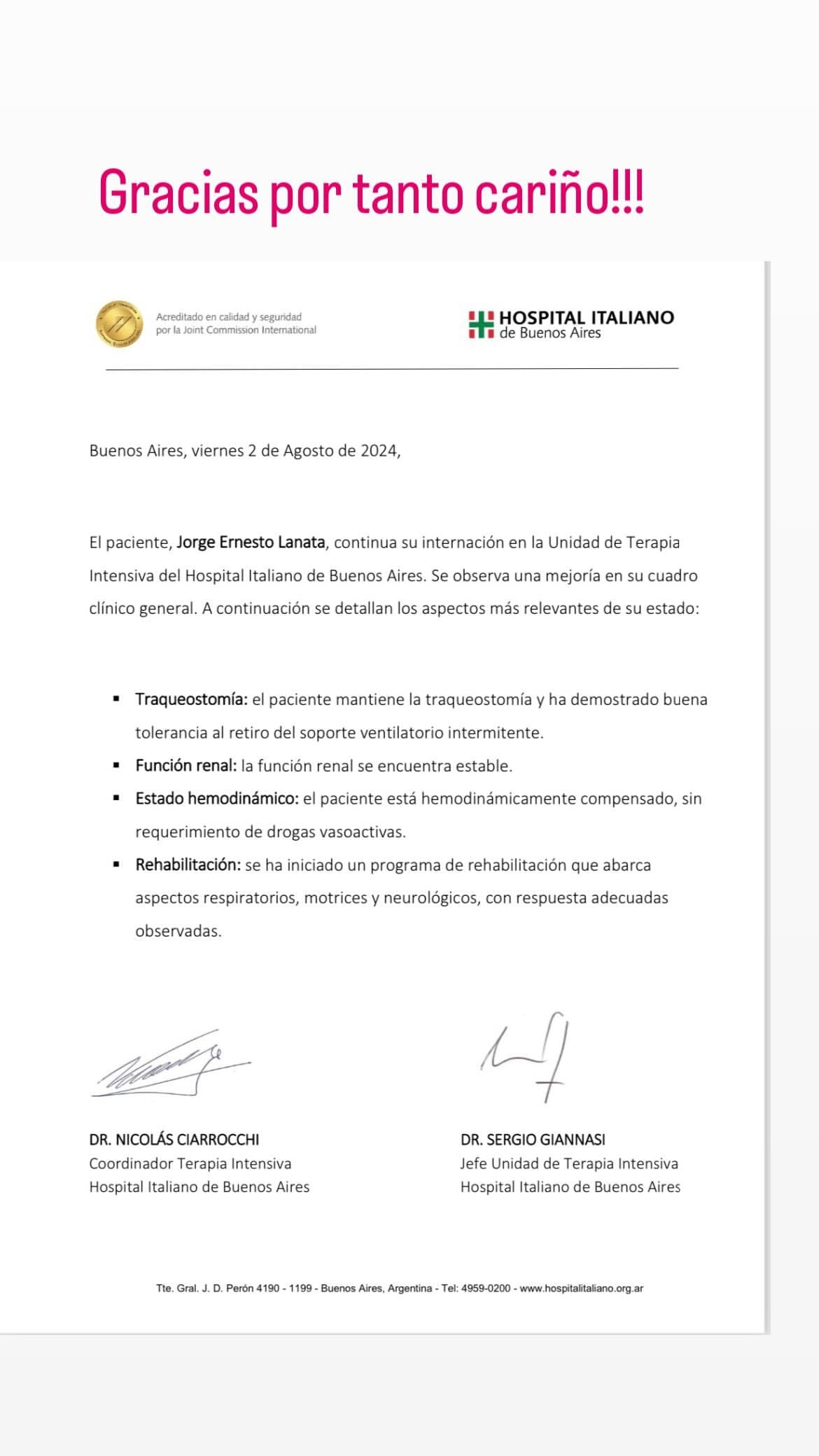 El alentador nuevo parte médico oficial de Jorge Lanata. Captura de Instagram.