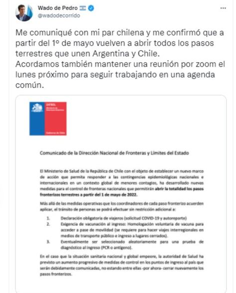 Argentina y Chile abrirán todos sus pasos fronterizos a partir de mayo.