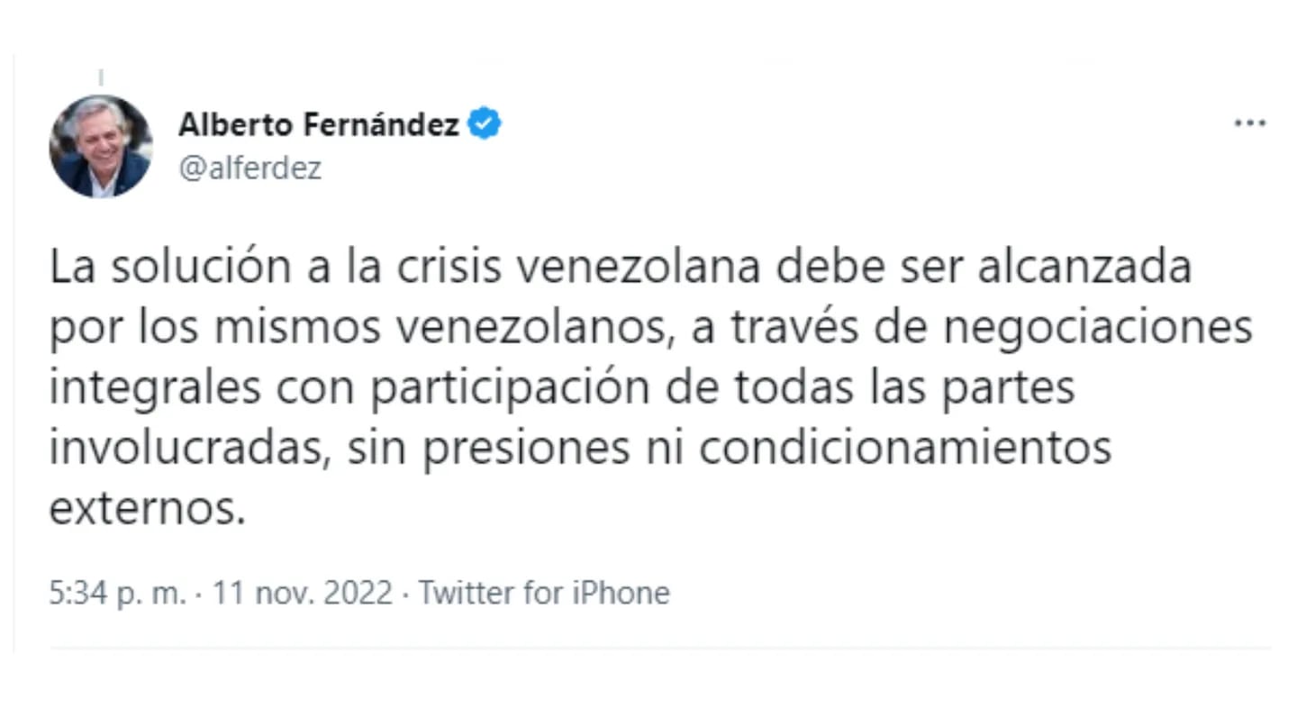 Uno de los tuits de Alberto Fernández respecto de la situación en Venezuela.