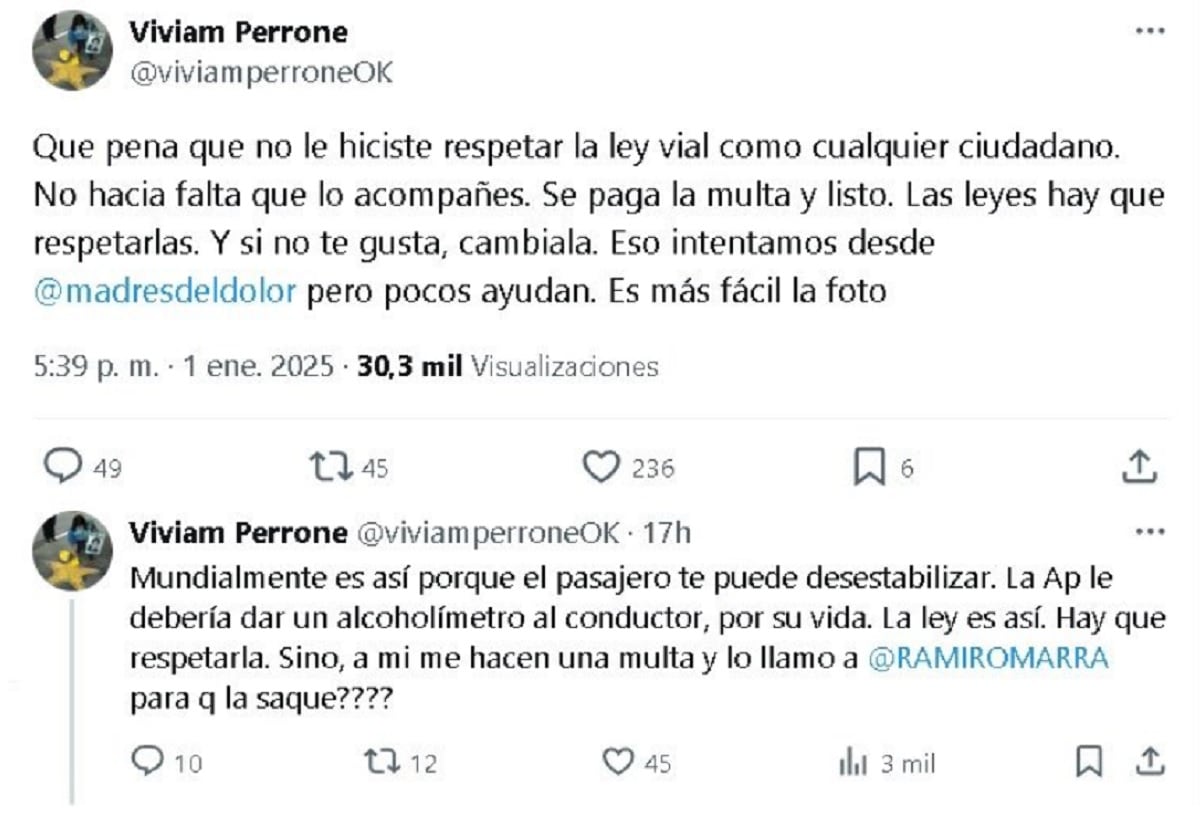 “Qué pena que no le hiciste respetar la ley vial como cualquier ciudadano. No hacía falta que lo acompañes. Se paga la multa y listo. Las leyes hay que respetarlas. Y si no te gusta, cambiala”, escribió en X. (Foto: Viviam Perrone)