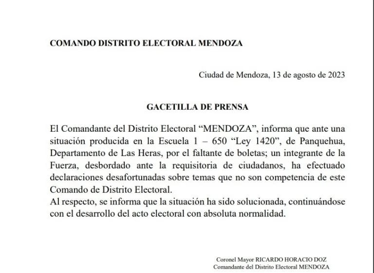 Comunicado del Comando Distrito Electoral de Mendoza.