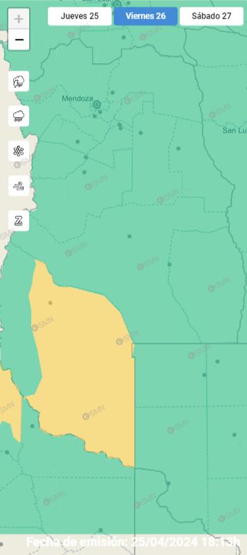 Alerta amarilla por viento Zonda del Servicio Meteorológico Nacional para este viernes.