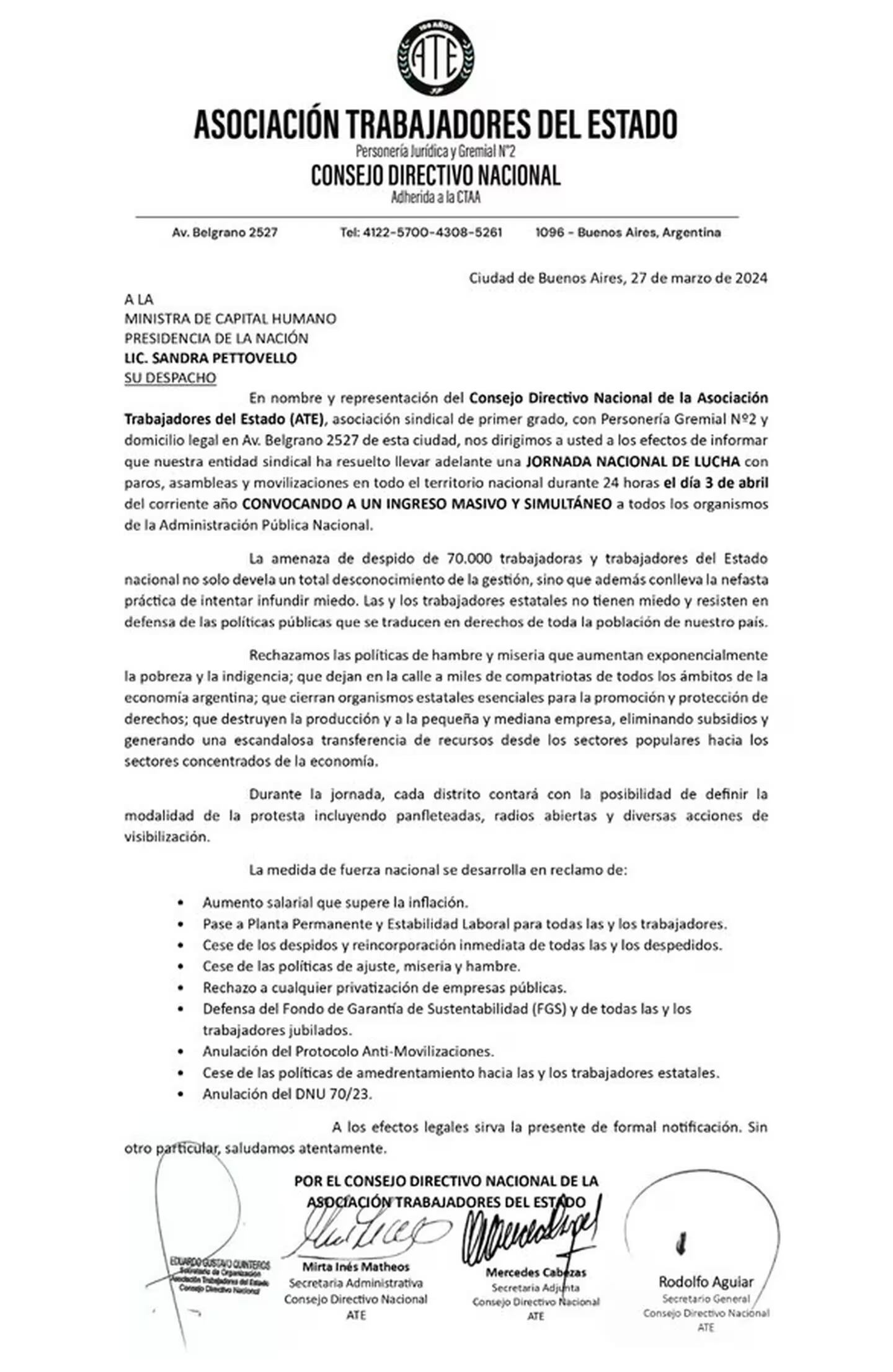 Desde ATE convocaron a los trabajadores a asistir de forma masiva a ocupar los puestos de trabajo en la previa a los despidos previstos para el 31 de marzo. Gentileza: prensa ATE.