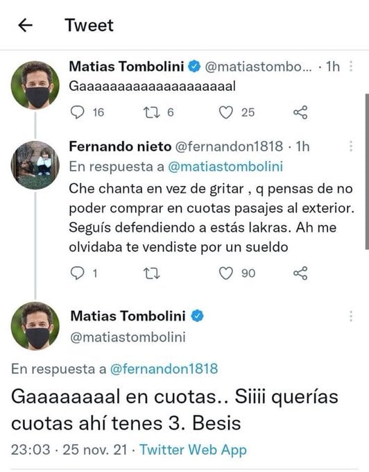 Twitter de Tambolini viralizado y escrachado.