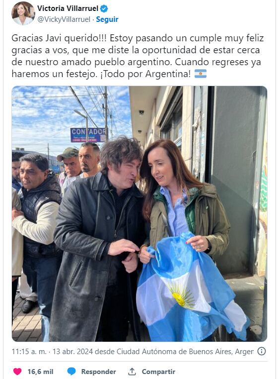 El agradecimiento de Victoria Villarruel a Javier Milei por acordarse de su cumpleaños. Captura: X / @VickyVillarruel