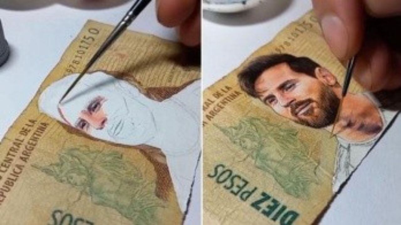 Mauro Alejandro Marcos, un artista de 23 años, oriundo de Jujuy, pintó un billete con la cara del 10. Foto: Web