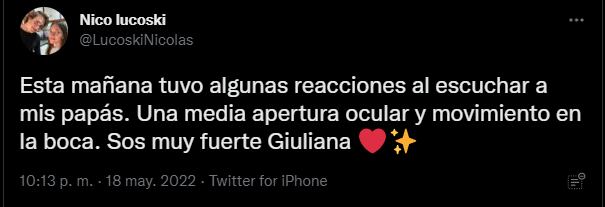 Giuliana Lucoski mejora y comienza a respirar por sus medios, pero sigue con pronóstico reservado. Foto: Twitter.