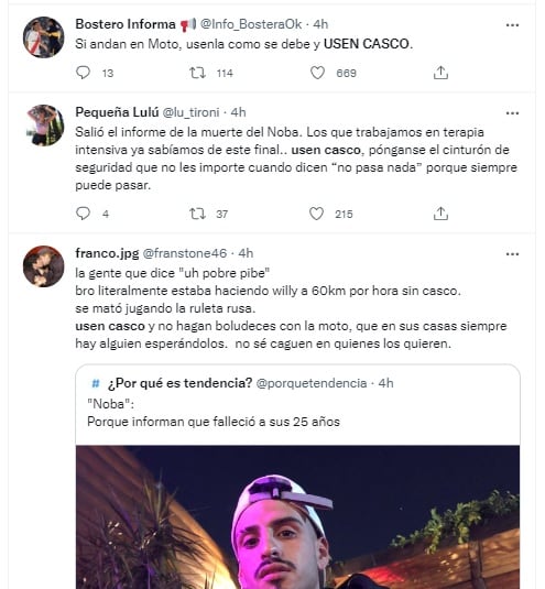 Luego del fallecimiento de El Noba, quien estuvo diez días internado luego de un siniestro de tránsito, en las redes concientizaron sobre el uso del casco.