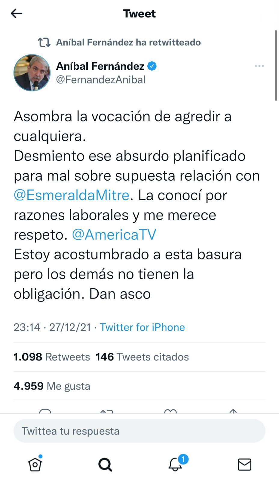 Aníbal Fernández desmiente su relación de Esmeralda Mitre.