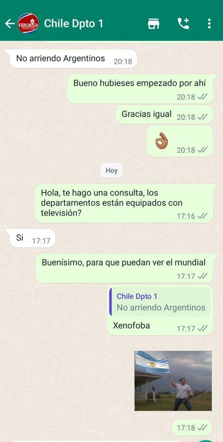 La conversación por WhastAspp de una argentina con una chilena que no quiso alquilarle un departamento".