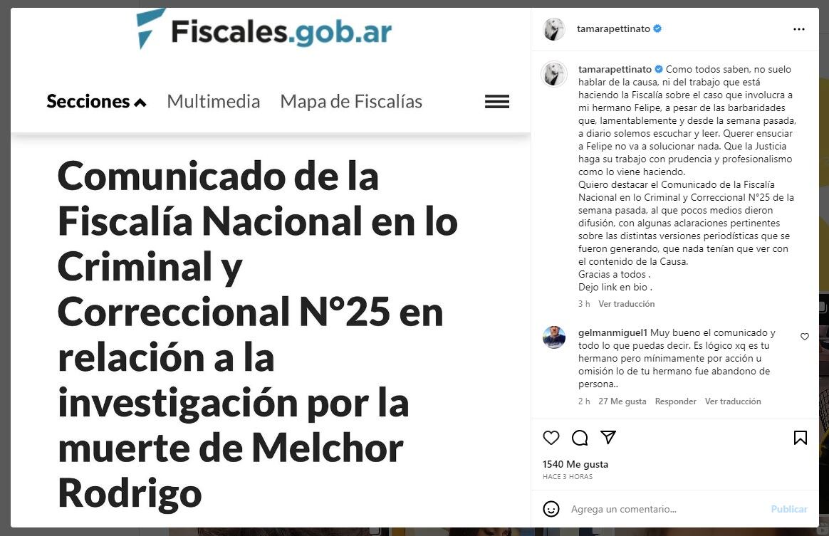 Tamara Pettinato compartió un descargo sobre la causa que involucra a su hermano, Felipe Pettinato.