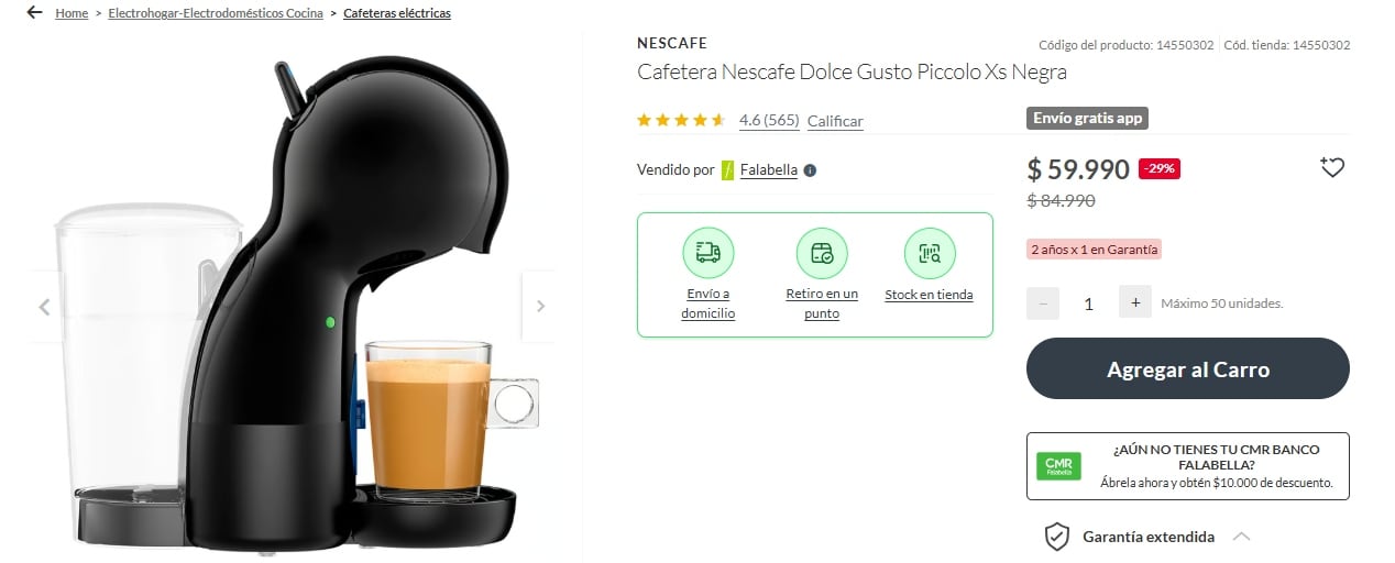 La tienda de Falabella ofrece una Cafetera Nescafe Dolce Gusto Piccolo a un precio promocional de $59.990 chilenos.