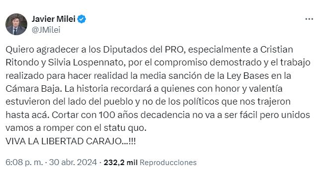 El presidente Javier Milei celebró este martes la aprobación de la Ley Bases - X