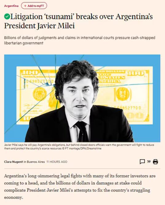 El Financial Times advirtió por el “tsunami” de juicios que enfrenta la Argentina y pueden complicar a Milei. Captura: web