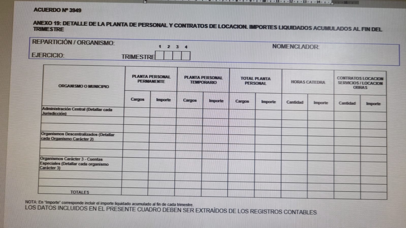 El modelo de anexo del Tribunal de Cuentas para la carga de personal.