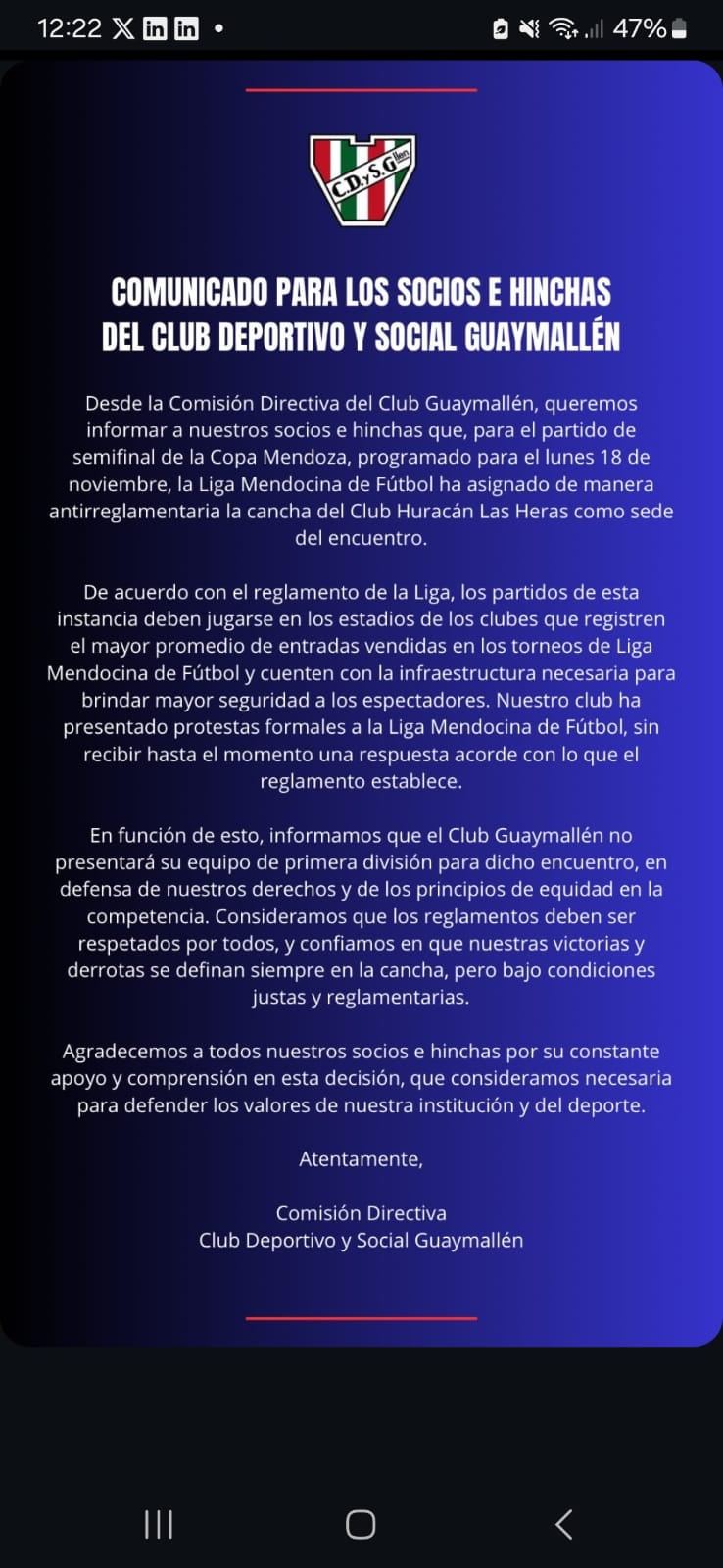 El comunicado de prensa del Deportivo Guaymallén. / Gentileza.