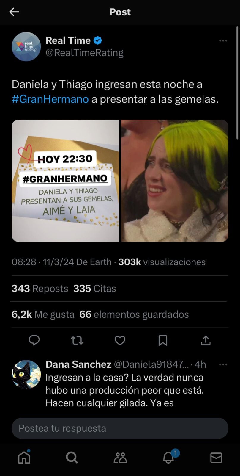 Los memes por el anuncio de Santiago del Moro sobre Thiago y Daniela de Gran Hermano. Captura de pantalla.