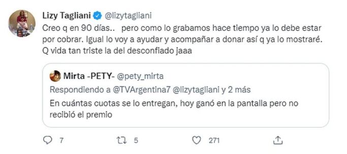 Lizy Tagliani respondió en las redes sociales