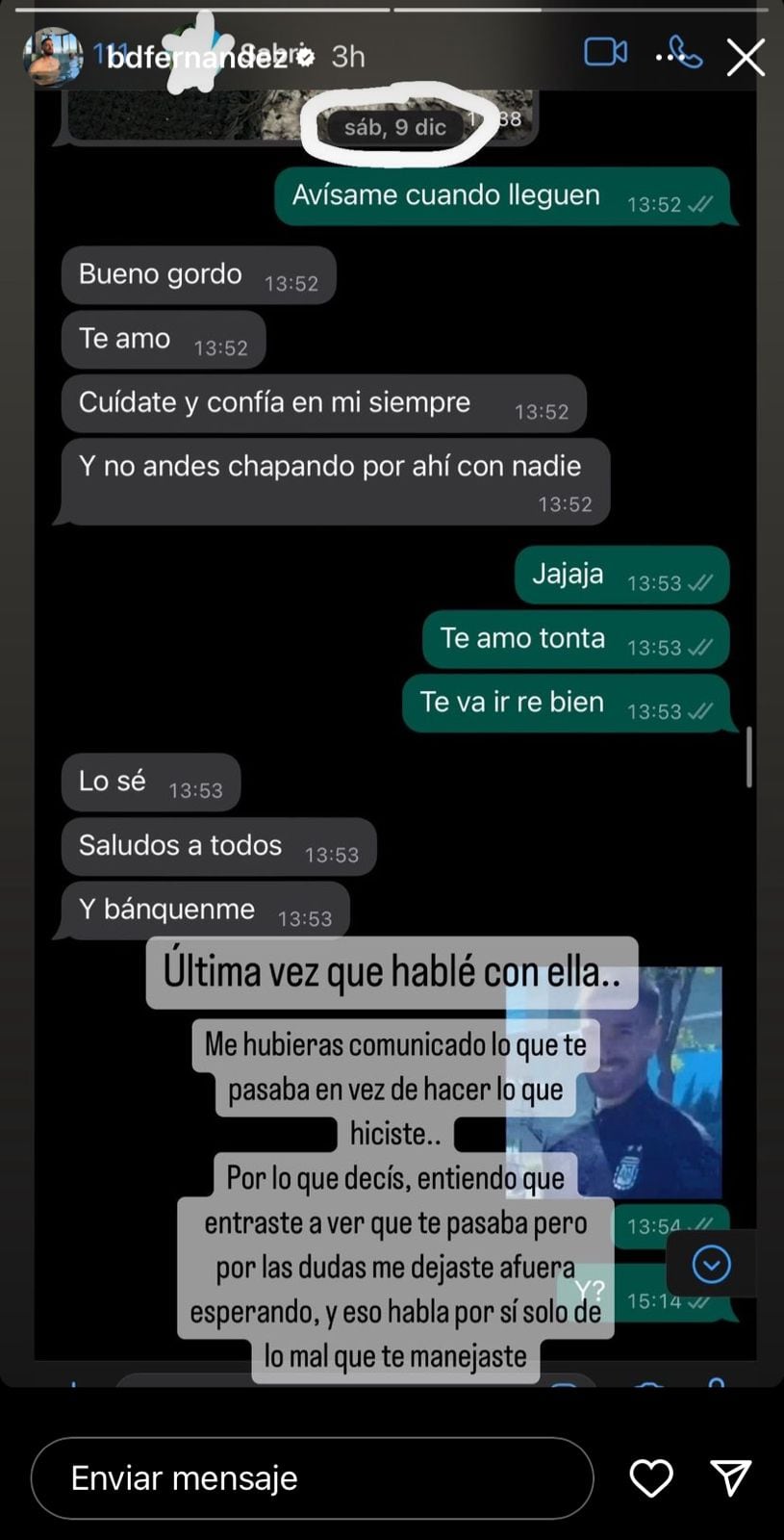 Brian, el novio de Sabrina de Gran Hermano, publicó un duro descargo en redes. Captura de pantalla.