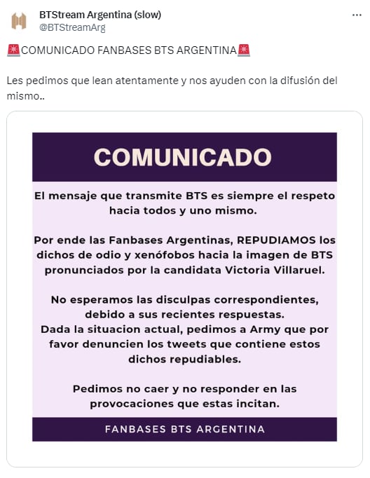 El comunicado de los fanáticos de BTS  - X