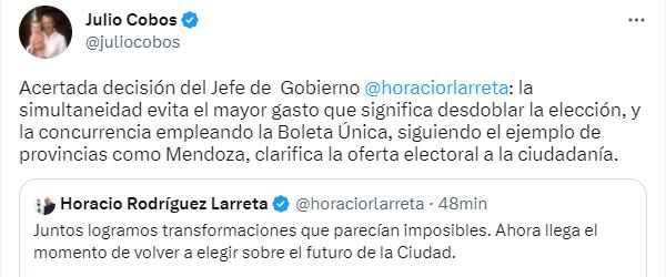 El diputado nacional Julio Cobos apoyó al alcalde porteño por la implementación de la boleta única.