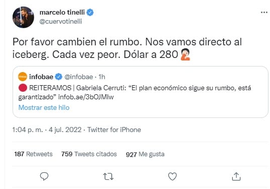 Apareció Tinelli y pidió que el Gobierno "cambie el rumbo" por el dólar blue a $280 (Twitter)