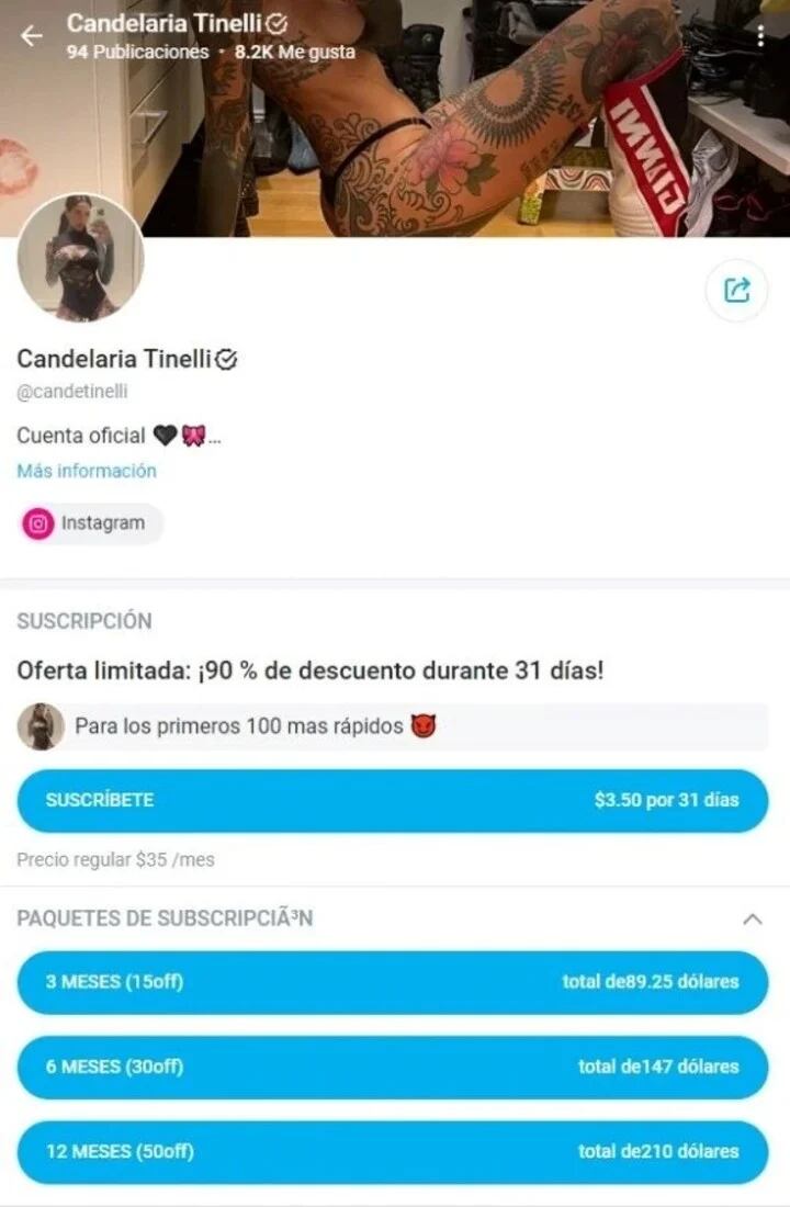 Los precios de Cande Tinelli en OnlyFans.