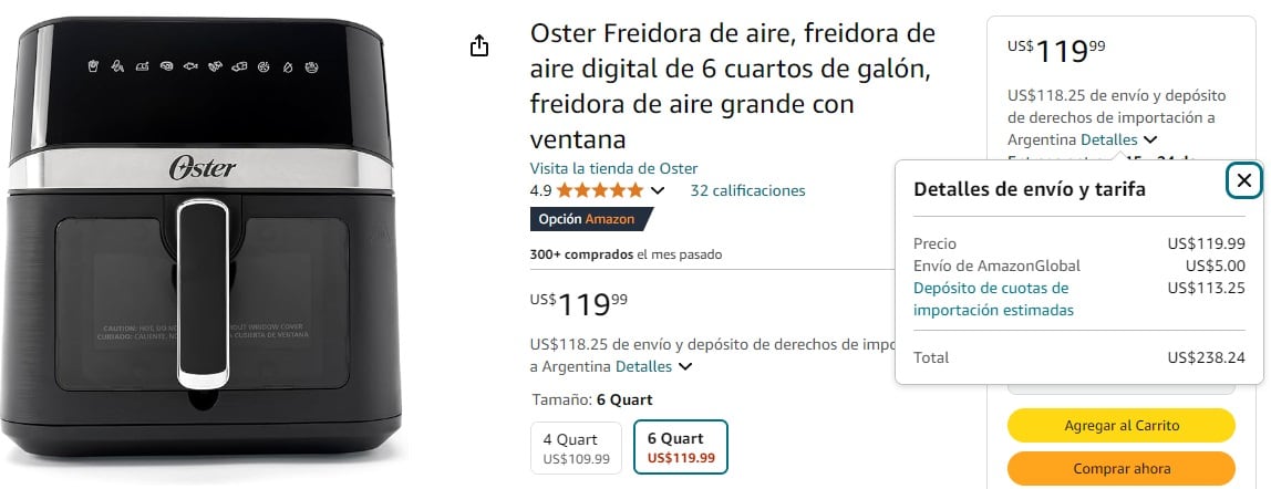 Freidora de aire Oster en Amazon