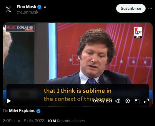 Elon Musk compartió un video de Javier Milei en su cuenta de X. Foto: Captura.