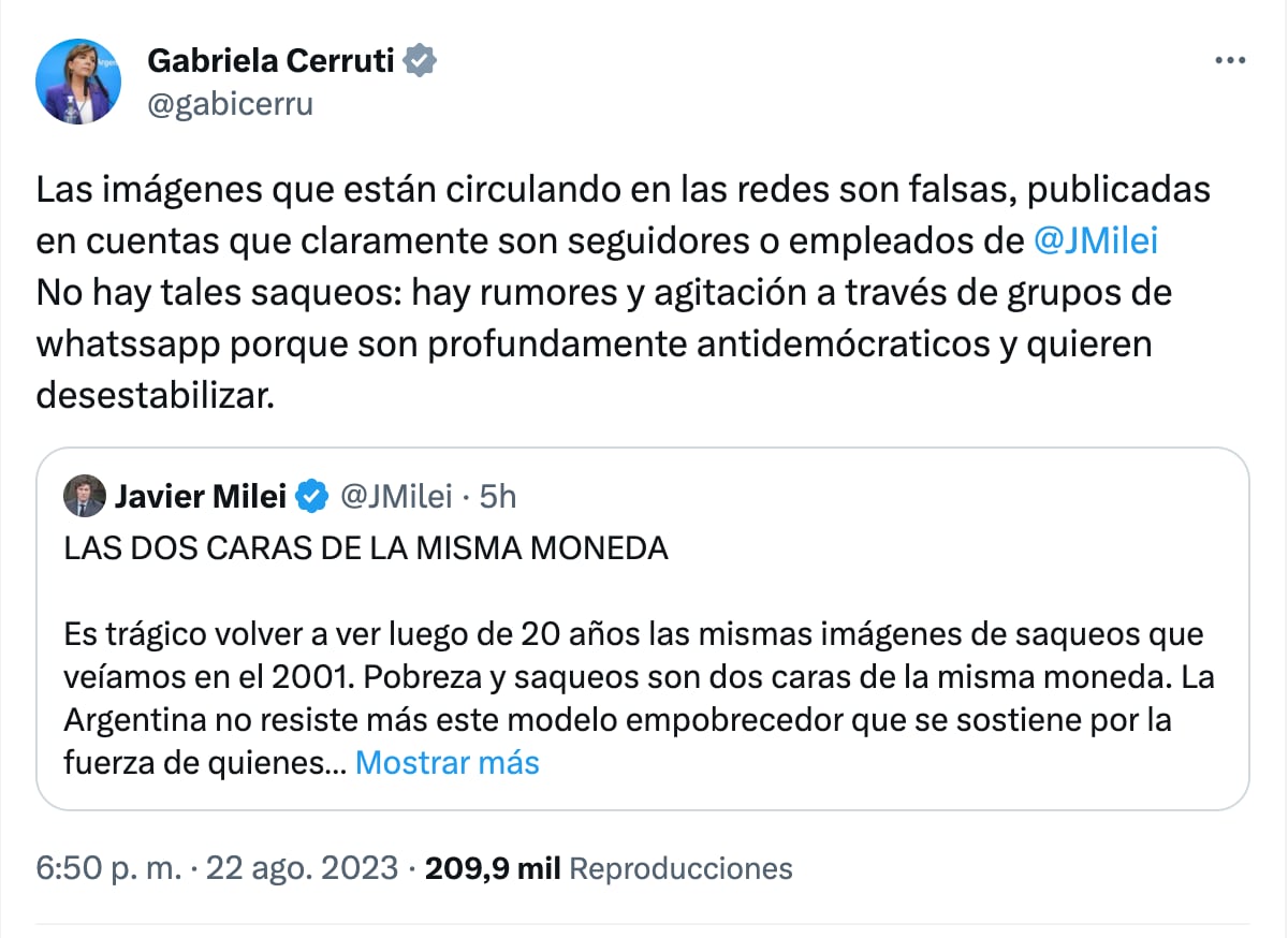 La portavoz del gobierno, Gabriela Cerruti, apuntó contra Javier Milei por los mensajes de saqueos que circulan por redes