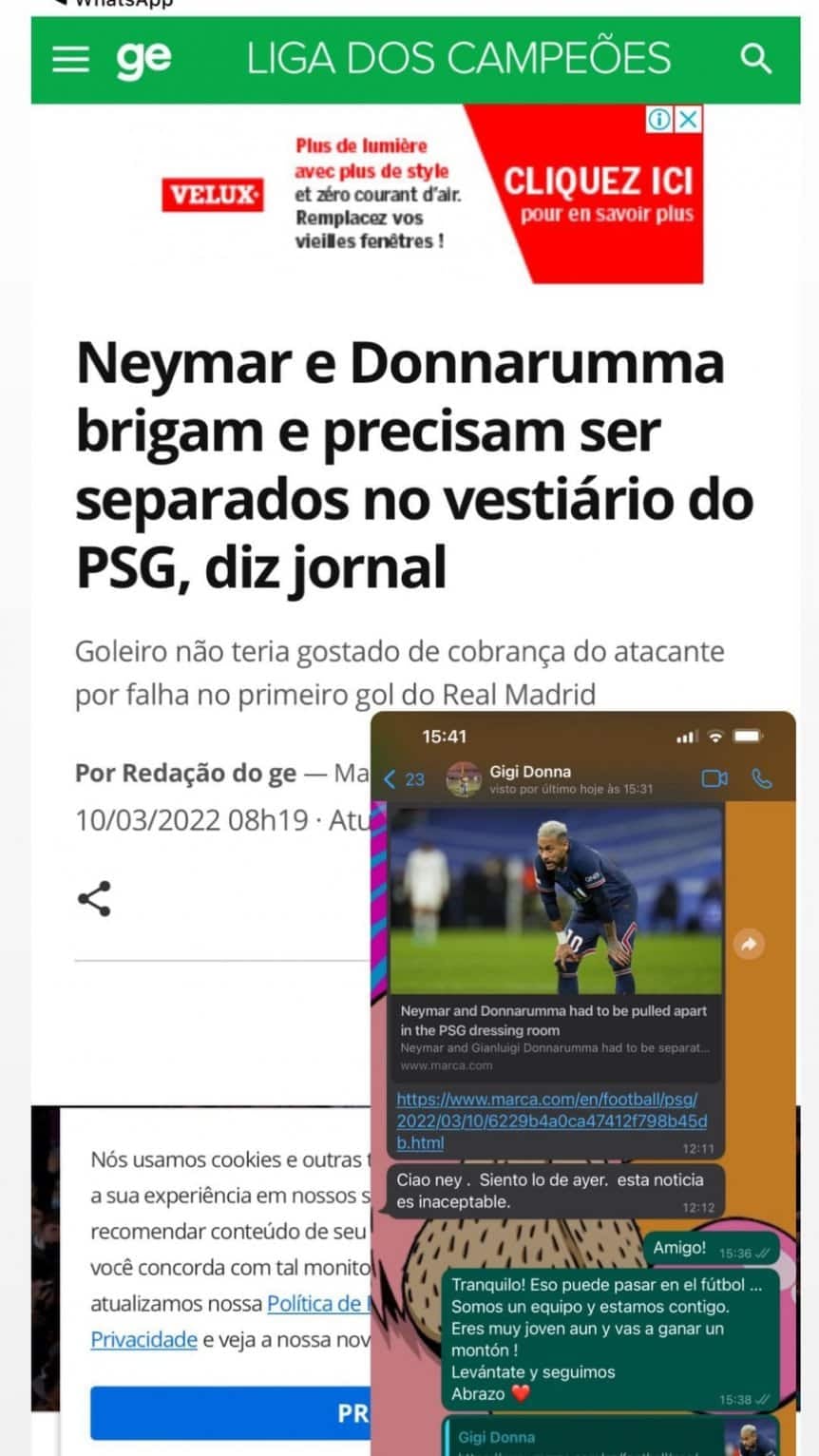 El chat entre Neymar y Donnarumma tras los rumores de una pelea en el vestuario del PSG. / Gentileza.