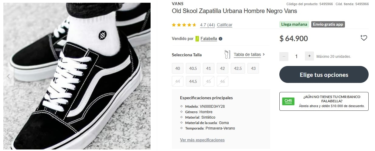 El modelo de zapatillas Vans Old Skool se encuentra disponible en la tienda oficial de Falabella a $64.900 chilenos.