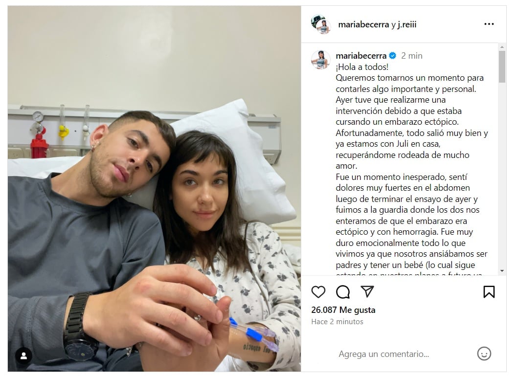 María Becerra fue operada de urgencia por un embarazo ectópico. Captura de Instagram.