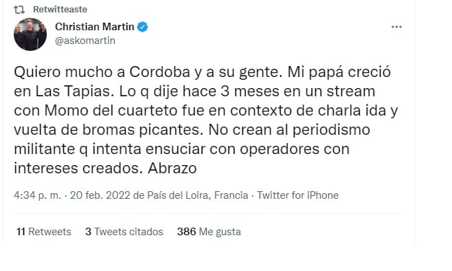 Christian Martin y su respuesta tras la polémica: “Quiero mucho a Córdoba y su gente”. (Captura Twitter).