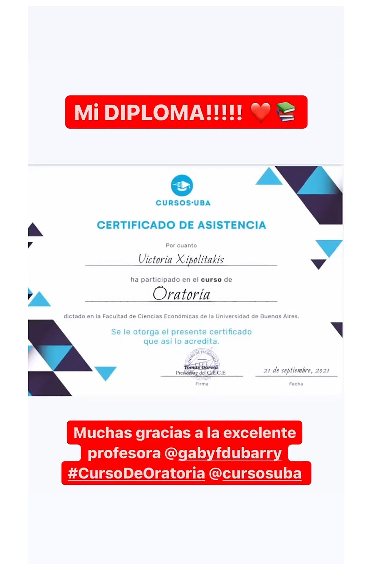 El diploma que Vicky Xipolitakis recibió al completar un curso de oratoria de la UBA