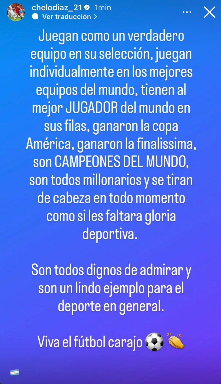 Marcelo Díaz y su publicación felicitando a la Selección Argentina.