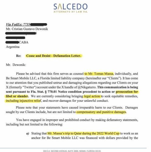 El documento está firmado por un estudio de abogados radicado en Estados Unidos. Gentileza: La Nación.