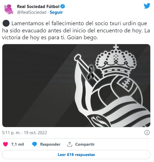 El mensaje de Real Sociedad en sus redes. Foto: Web