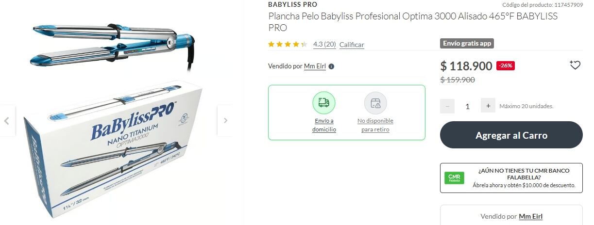 Una plancha para pelo Babyliss Profesional Optima 3000 se encuentra disponible en la tienda oficial de Falabella a $118.900 chilenos, con un 26% de descuento.