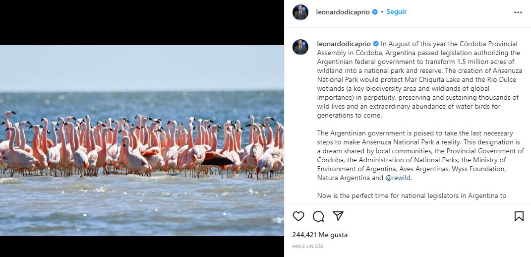 El actor se volcó a sus redes para apoyar la creación de un nuevo parque nacional en nuestro país.