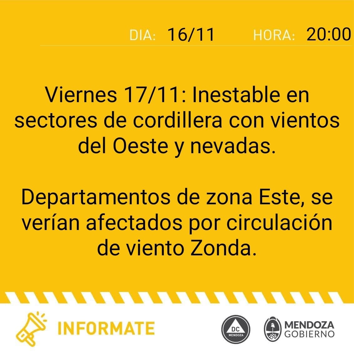 Alerta de Defensa Civil para este viernes 17/11/2023. Foto: Gobierno de Mendoza