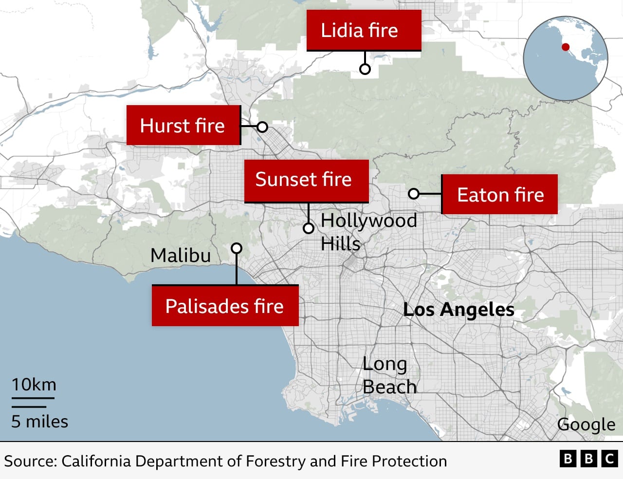 Mapa del incendio en Los Ángeles (Gentileza / BBC)