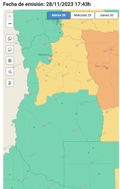 Mapa del Servicio Meteorológico Nacional para este martes 28/11/2023.