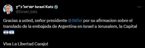 El tuit de Israel Katz anunciando la ratificación de mudar la embajada a Jerusalén.