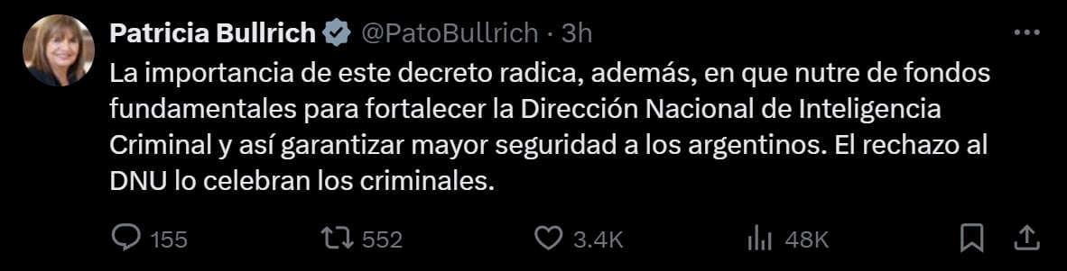 Patricia Bullrich criticó a los diputados del PRO que rechazaron el DNU sobre la SIDE. Captura X